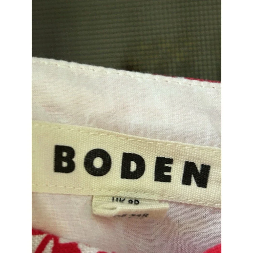 Boden 100% Linen Red White Damask Floral Dress Size 4 Puff Sleeve Short Garden